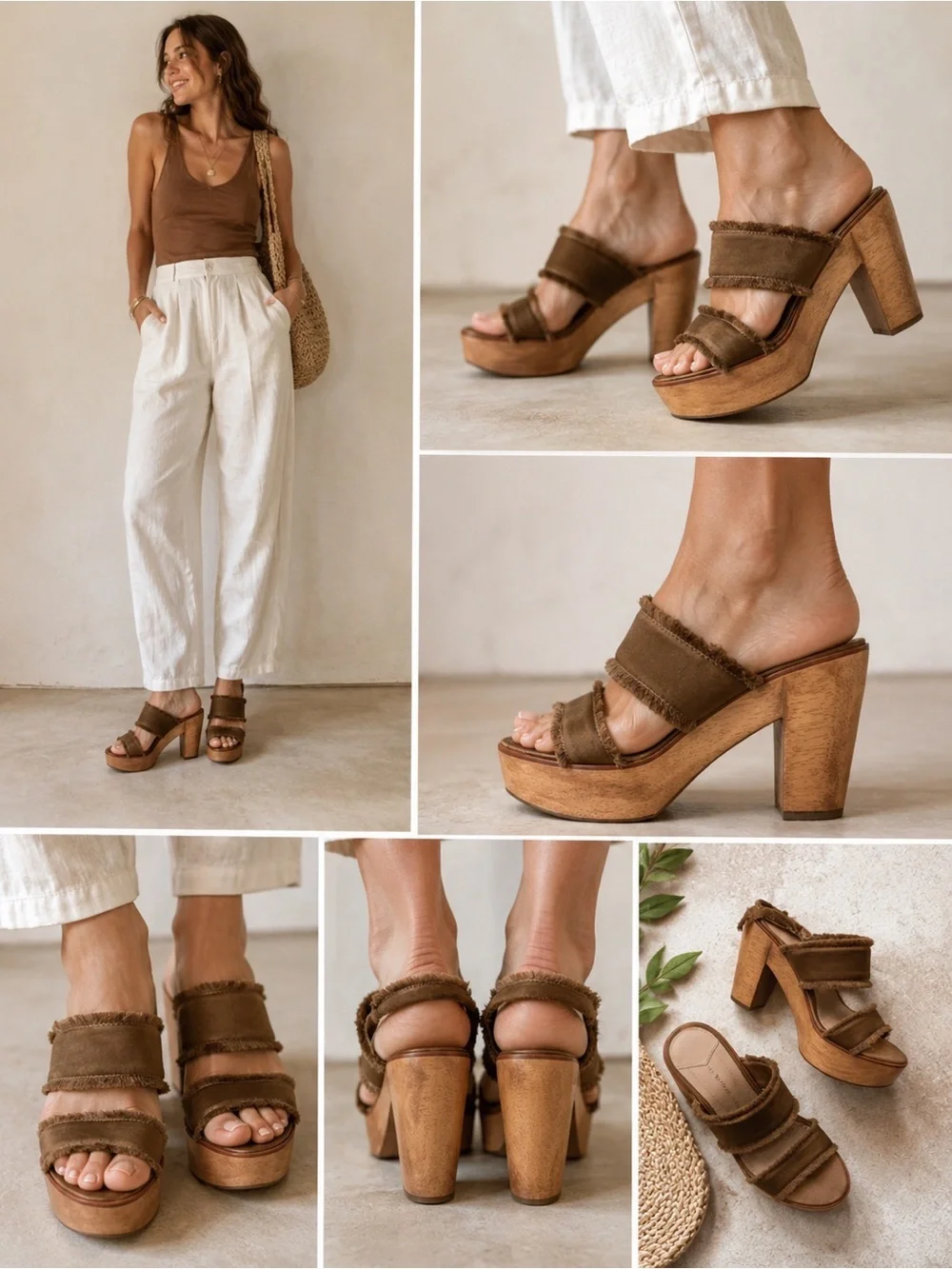 10 Crosby Derek Lam Platform Mule Sandals 7M Brown Fringe Wood Heel Boho Granola
